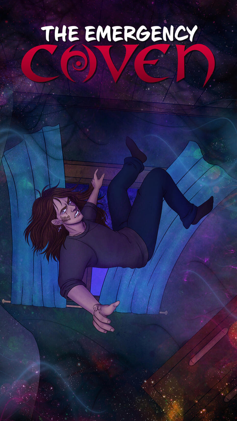 The Emergency Coven - cover image showing the main character floating in an upside down room